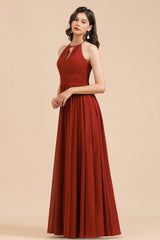 Rust Halter Long Chiffon Bridesmaid Dress On Sale-Babyonlines