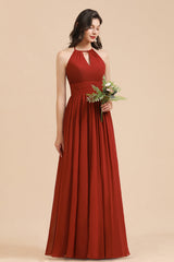 Rust Halter Long Chiffon Bridesmaid Dress On Sale-Babyonlines