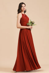 Rust Halter Long Chiffon Bridesmaid Dress On Sale-Babyonlines
