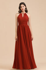 Rust Halter Long Chiffon Bridesmaid Dress On Sale-Babyonlines