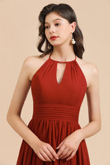 Rust Halter Long Chiffon Bridesmaid Dress On Sale-Babyonlines