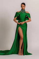 Sage Green Pleated Halter Prom Dress with Split