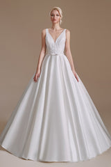 Satin A-Line Wedding Dress Long V-neck With Appliques Lace