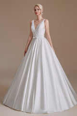 Satin A-Line Wedding Dress Long V-neck With Appliques Lace