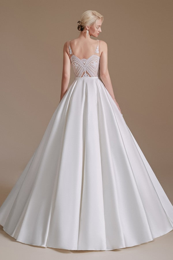 Satin A-Line Wedding Dress Long V-neck With Appliques Lace