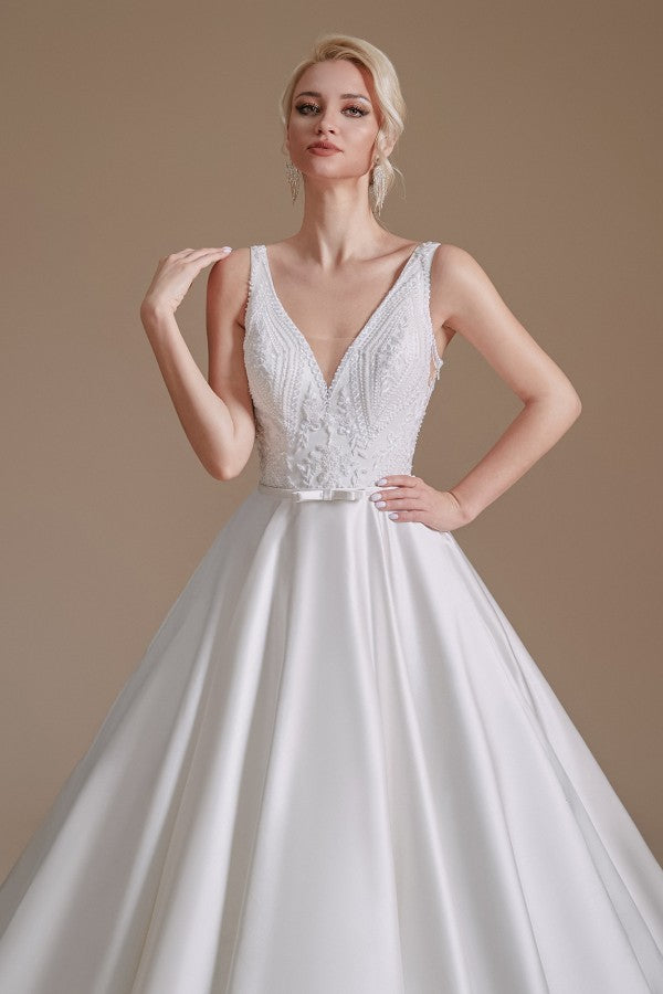 Satin A-Line Wedding Dress Long V-neck With Appliques Lace