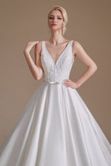 Satin A-Line Wedding Dress Long V-neck With Appliques Lace