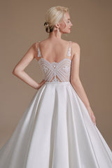 Satin A-Line Wedding Dress Long V-neck With Appliques Lace