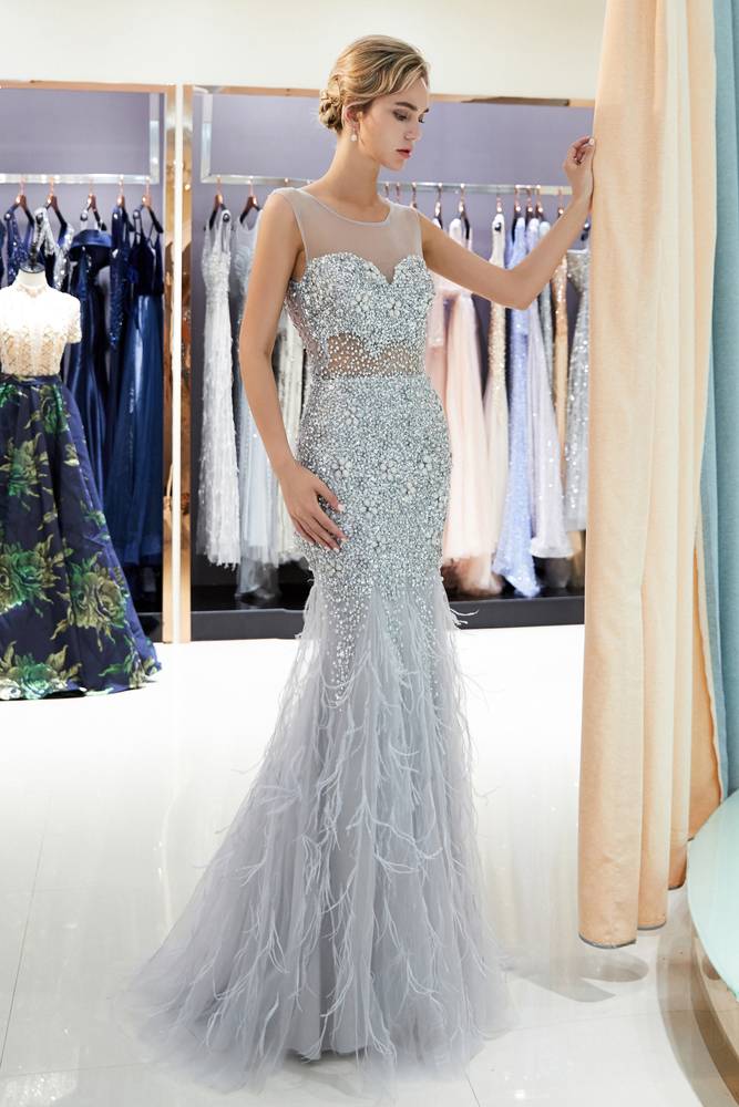 See-Through Mermaid Sequined Silver Long Prom Dress