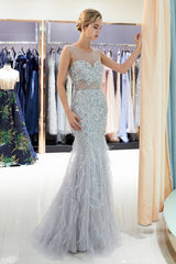 See-Through Mermaid Sequined Silver Long Prom Dress