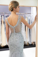 See-Through Mermaid Sequined Silver Long Prom Dress