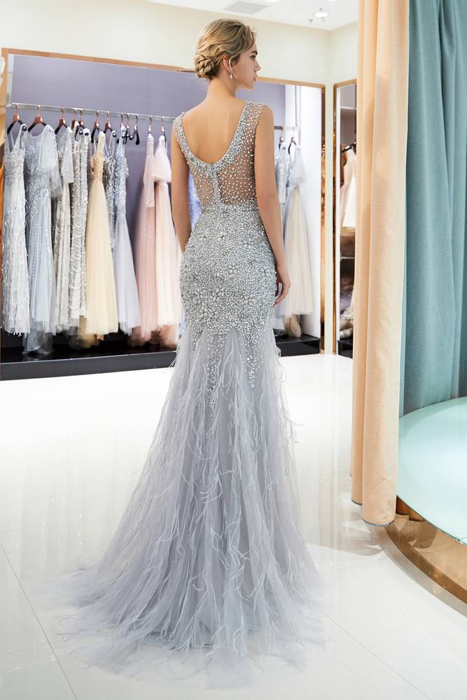 See-Through Mermaid Sequined Silver Long Prom Dress