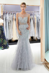 See-Through Mermaid Sequined Silver Long Prom Dress