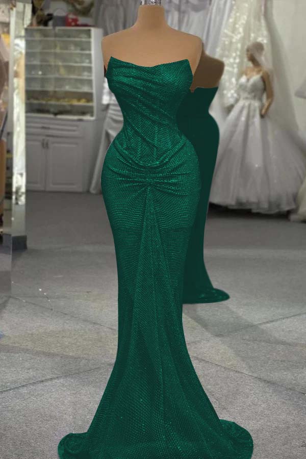 Strapless Mermaid Long Prom Dress with Sequins and Pleats
