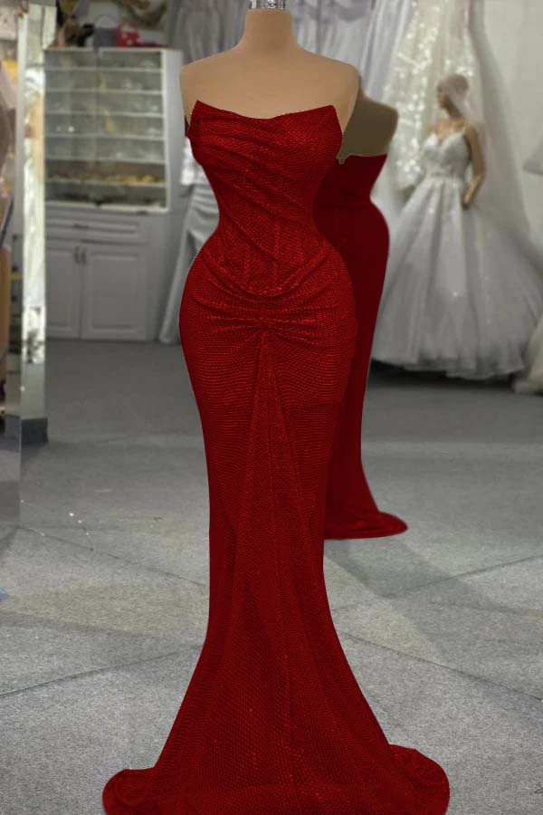 Strapless Mermaid Long Prom Dress with Sequins and Pleats
