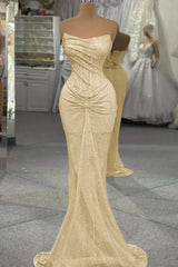 Strapless Mermaid Long Prom Dress with Sequins and Pleats