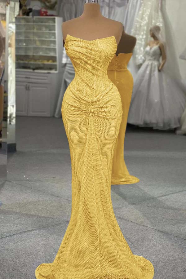 Strapless Mermaid Long Prom Dress with Sequins and Pleats