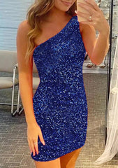 Sequined Short Homecoming Dress with One-Shoulder Sleeve - Sheath Column - Babyonlines