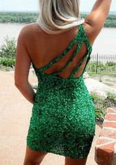 Sequined Short Homecoming Dress with One-Shoulder Sleeve - Sheath Column - Babyonlines