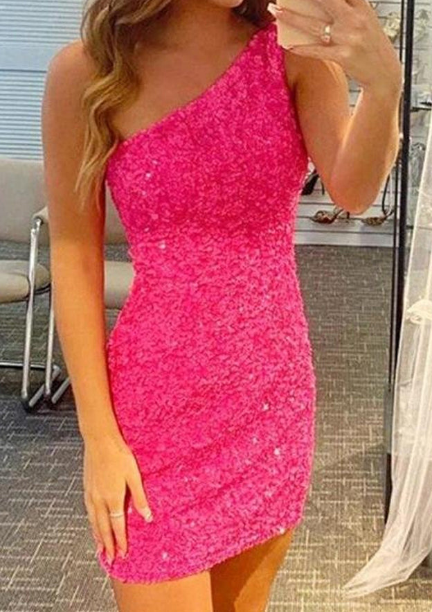 Sequined Short Homecoming Dress with One-Shoulder Sleeve - Sheath Column - Babyonlines