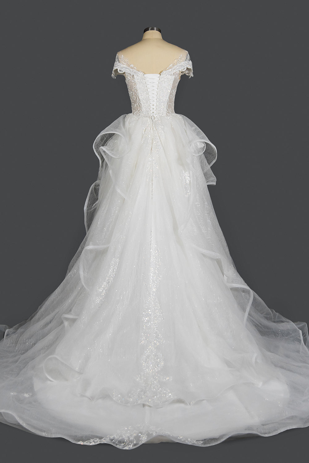 Sequined Short Sleeve Appliqued Ball Gown Wedding Dress with Tulle Ruffles