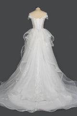Sequined Short Sleeve Appliqued Ball Gown Wedding Dress with Tulle Ruffles