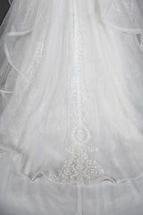 Sequined Short Sleeve Appliqued Ball Gown Wedding Dress with Tulle Ruffles
