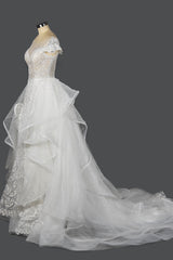 Sequined Short Sleeve Appliqued Ball Gown Wedding Dress with Tulle Ruffles