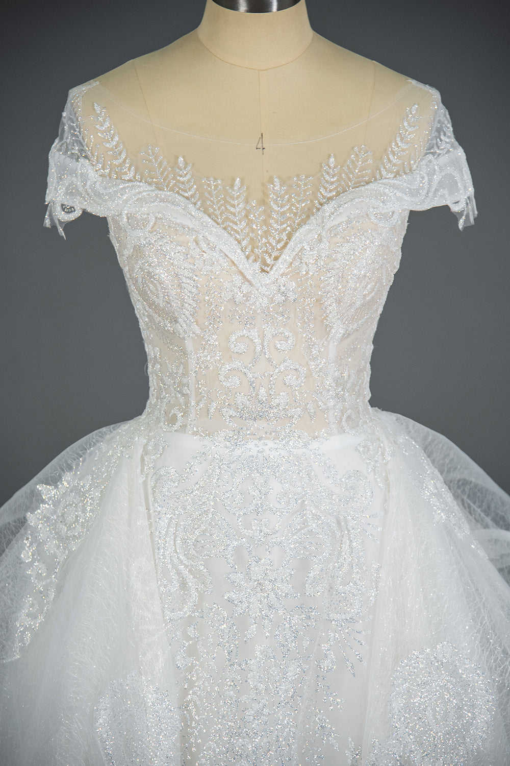 Sequined Short Sleeve Appliqued Ball Gown Wedding Dress with Tulle Ruffles