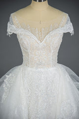 Sequined Short Sleeve Appliqued Ball Gown Wedding Dress with Tulle Ruffles