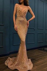 Sequined Spaghetti-Straps V-Neck Sleeveless Mermaid Prom Dress