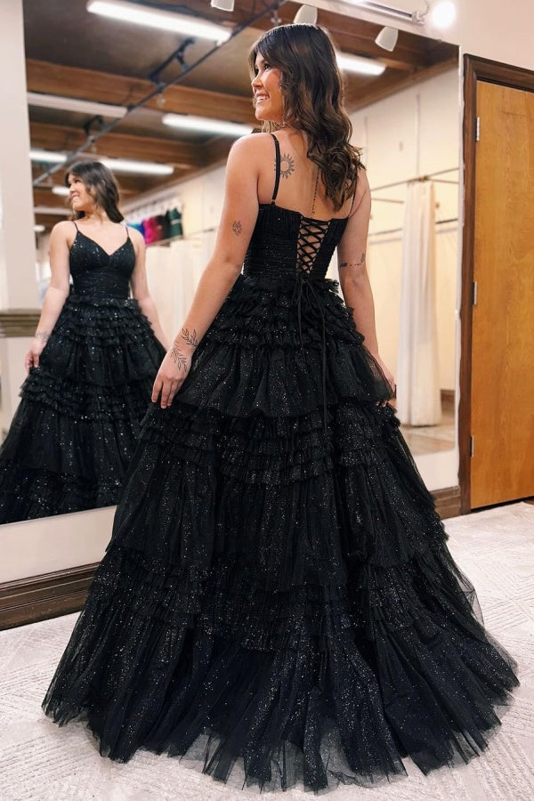 Sparkly V Neck Black Tulle Long Prom Dress with Sequins