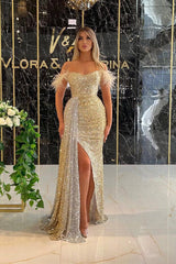 Off the Shoulder Mermaid Prom Dress with Side Split, Sequins and Ruffles