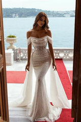 Off the Shoulder Strapless Mermaid Prom Dress with Sequins Pleated