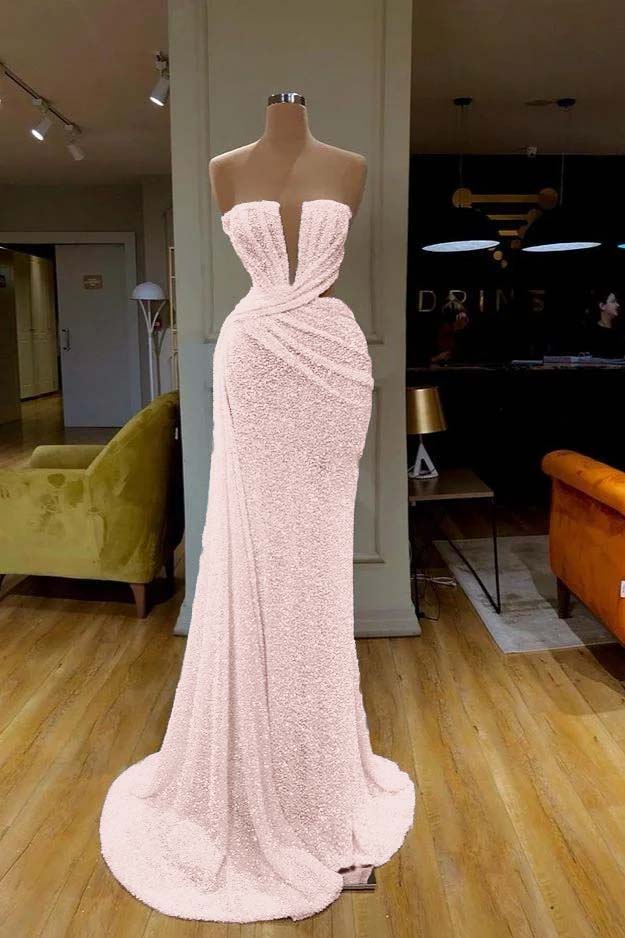 White Strapless Long Prom Dress with Sequins Pleated