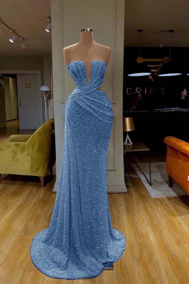 White Strapless Long Prom Dress with Sequins Pleated