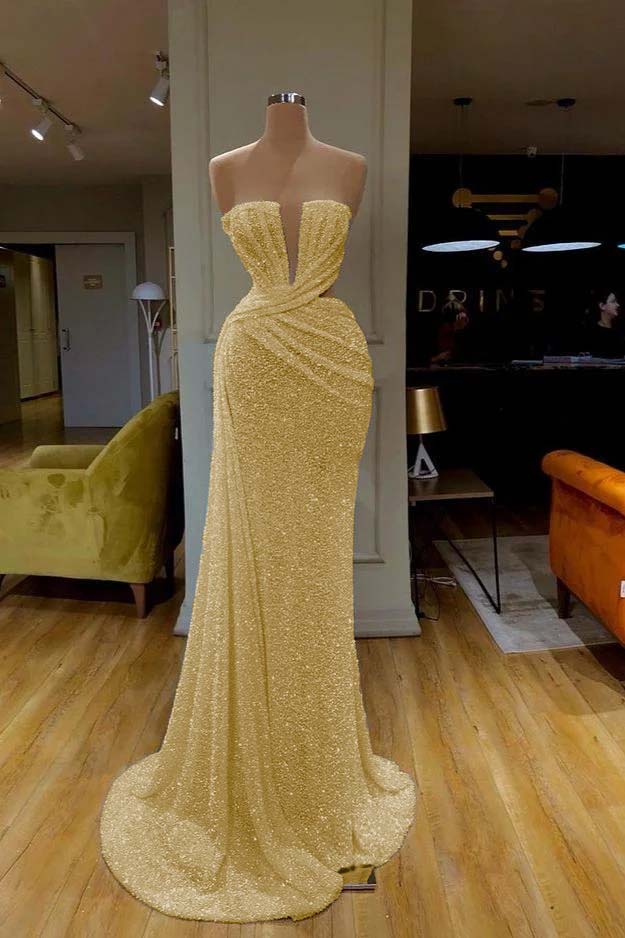 White Strapless Long Prom Dress with Sequins Pleated