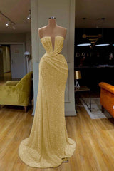 White Strapless Long Prom Dress with Sequins Pleated