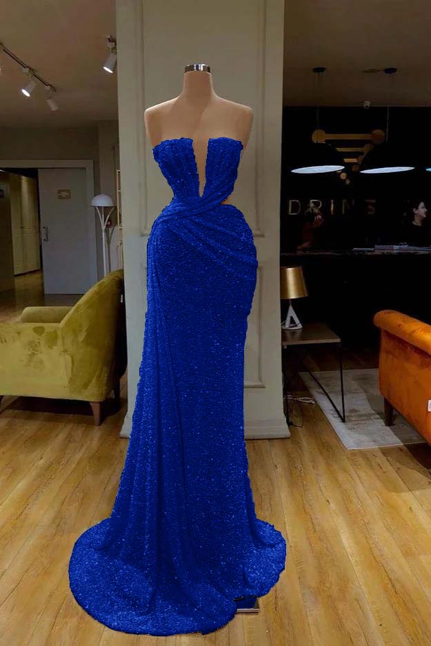 White Strapless Long Prom Dress with Sequins Pleated