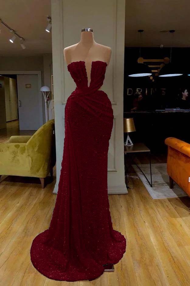 White Strapless Long Prom Dress with Sequins Pleated