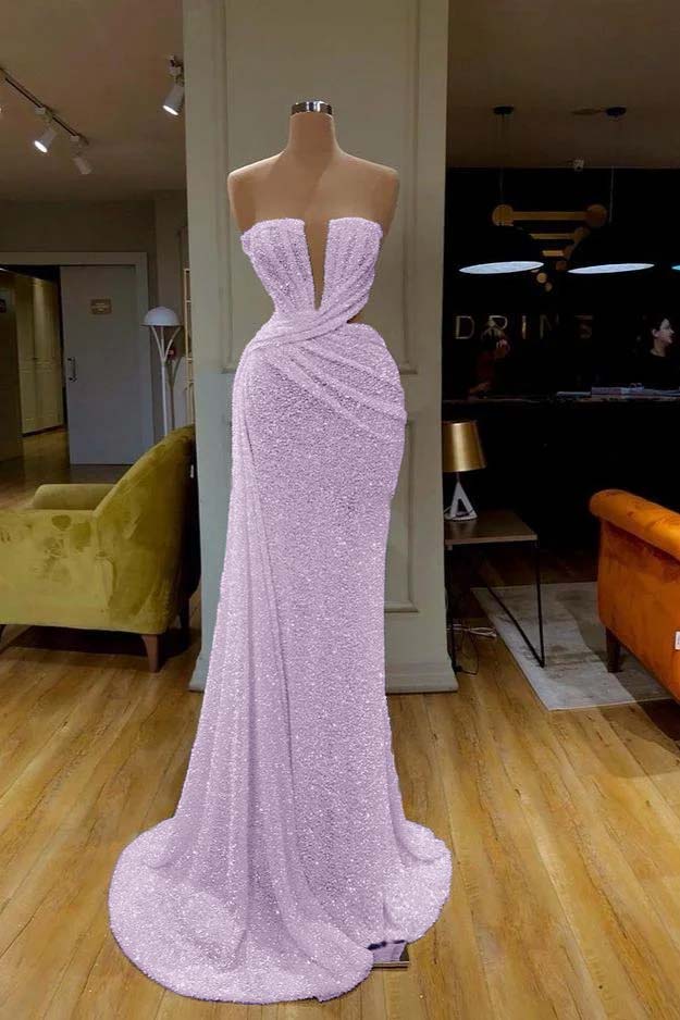 White Strapless Long Prom Dress with Sequins Pleated