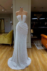 White Strapless Long Prom Dress with Sequins Pleated