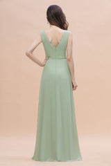 Sexy Chiffon Ruffles Dusty Sage Bridesmaid Dress with Lace Edge On Sale-Babyonlines