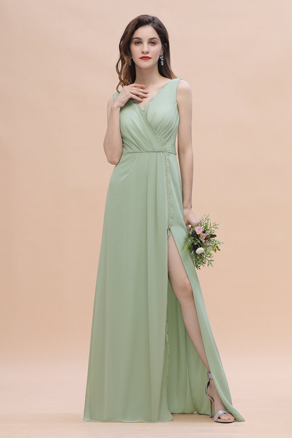 Sexy Chiffon Ruffles Dusty Sage Bridesmaid Dress with Lace Edge On Sale-Babyonlines