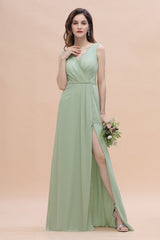 Sexy Chiffon Ruffles Dusty Sage Bridesmaid Dress with Lace Edge On Sale-Babyonlines