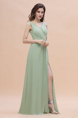 Sexy Chiffon Ruffles Dusty Sage Bridesmaid Dress with Lace Edge On Sale-Babyonlines
