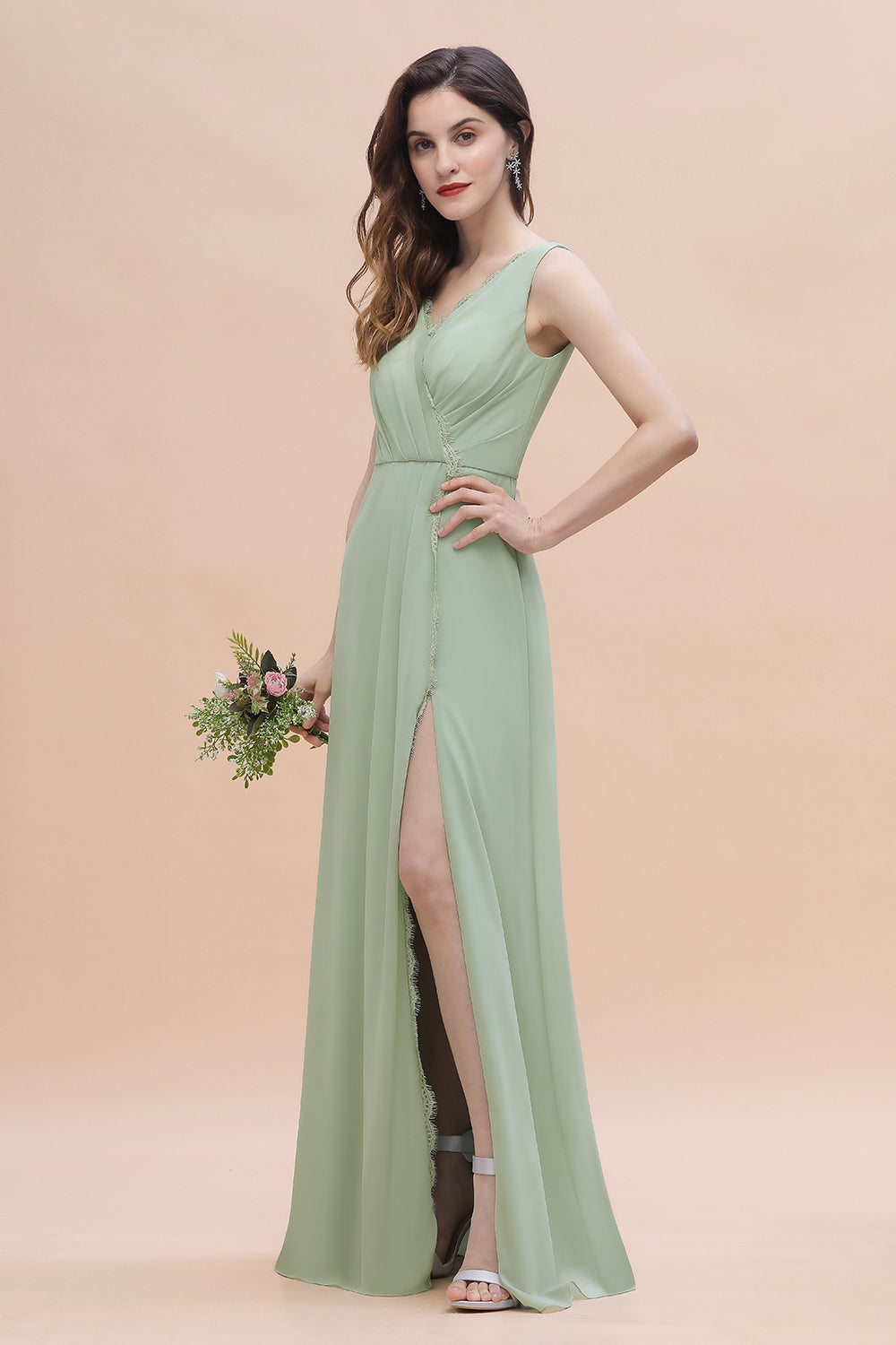 Sexy Chiffon Ruffles Dusty Sage Bridesmaid Dress with Lace Edge On Sale-Babyonlines
