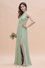 Sexy Chiffon Ruffles Dusty Sage Bridesmaid Dress with Lace Edge On Sale-Babyonlines