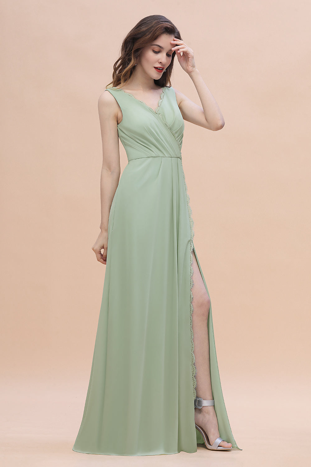 Sexy Chiffon Ruffles Dusty Sage Bridesmaid Dress with Lace Edge On Sale-Babyonlines