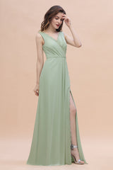 Sexy Chiffon Ruffles Dusty Sage Bridesmaid Dress with Lace Edge On Sale-Babyonlines